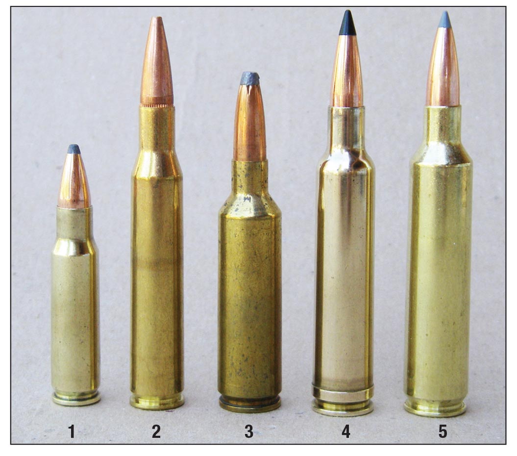 Common .27-caliber cartridges include: (1) 6.8 SPC, (2) .270 Winchester, (3) .270 WSM, (4) .270 Weatherby Magnum, and now the (5) .27 Nosler.